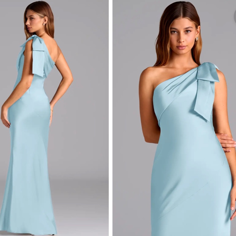 Azazie Yuanna sky blue mermaid one shoulder satin stretch dress - Picture 2 of 6